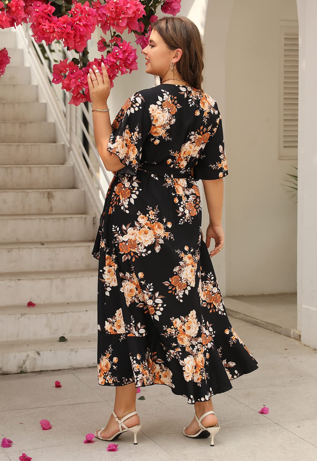 Keluummi Plus Size Maxi Dress for Women Floral Empire Waist V-Neck 3/4 Sleeve with Pockets(18 Plus, 01 - Black Floral)