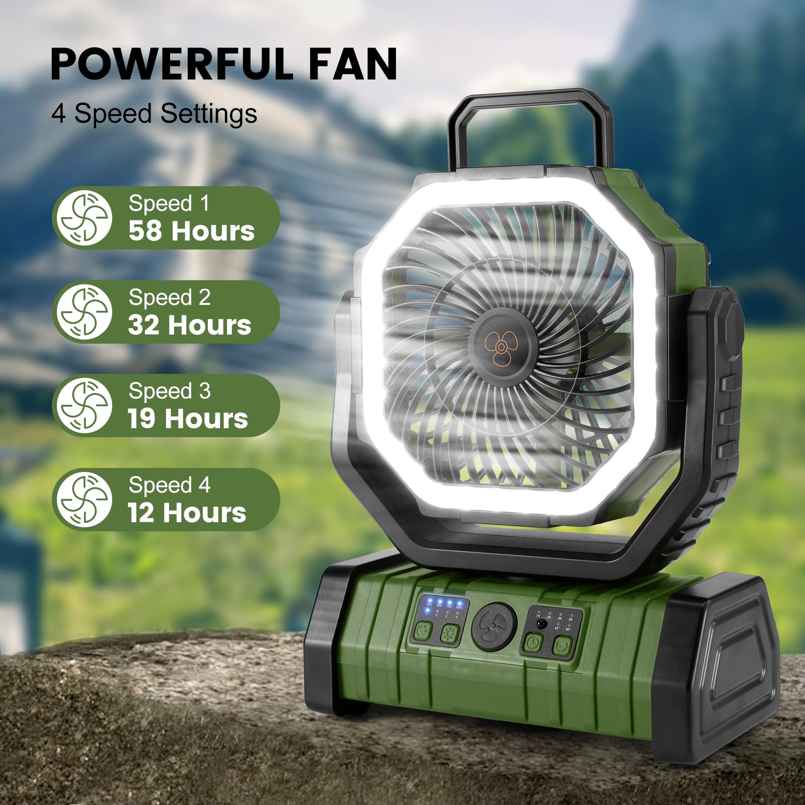 Odoland 30000mAh Camping Fan with LED Lantern, Rechargeable Battery Operated Oscillating Fan with Remote & Hook, Portable Tent Fan with Timer, 4 Speeds for Outdoor Camp RV Jobsite Power Outage, Green