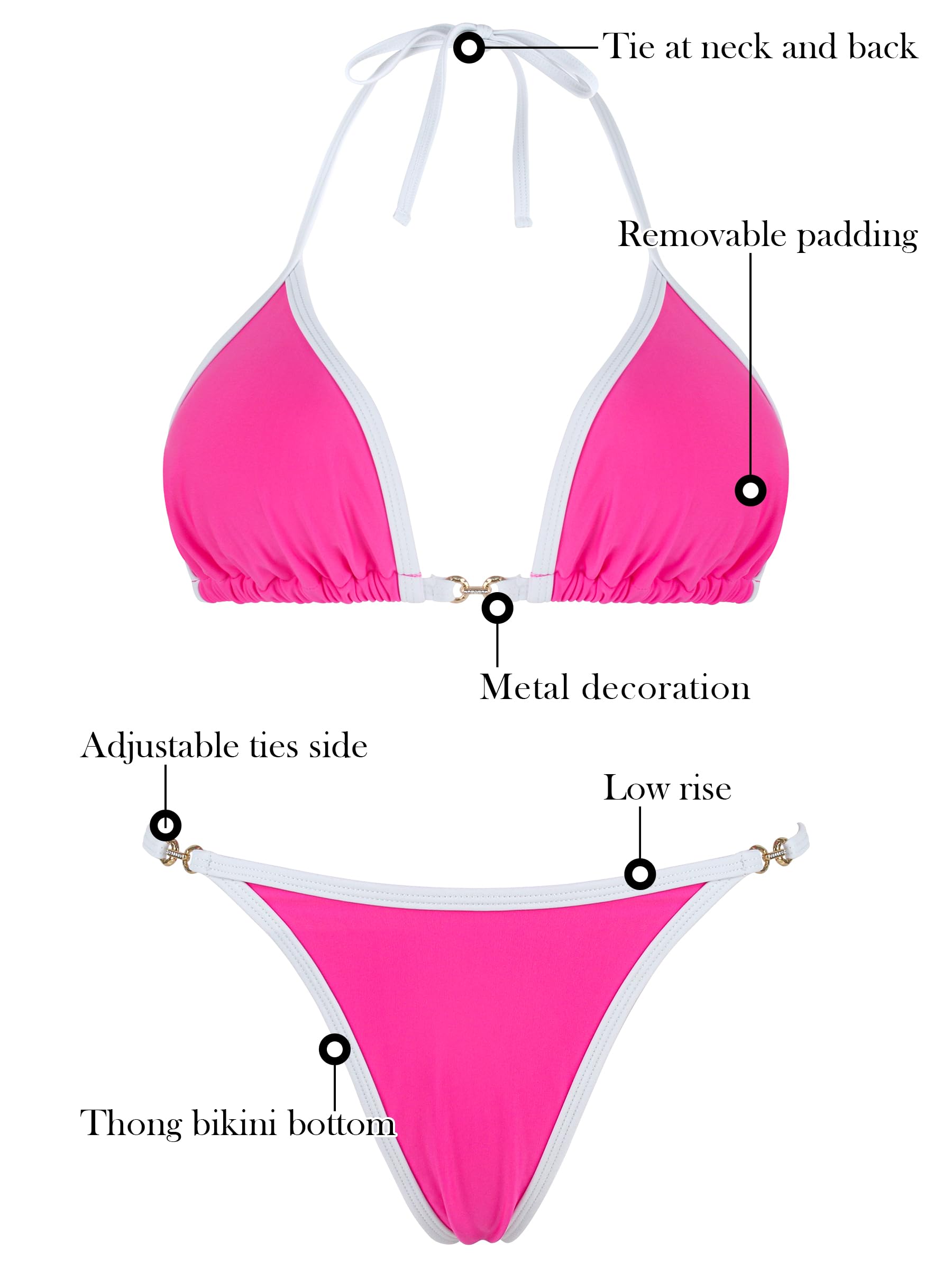 RELLECIGA Women's Thong Bikini Set Triangle Halter Brazilian Two Piece Swimsuit(Hot Pink,Large
