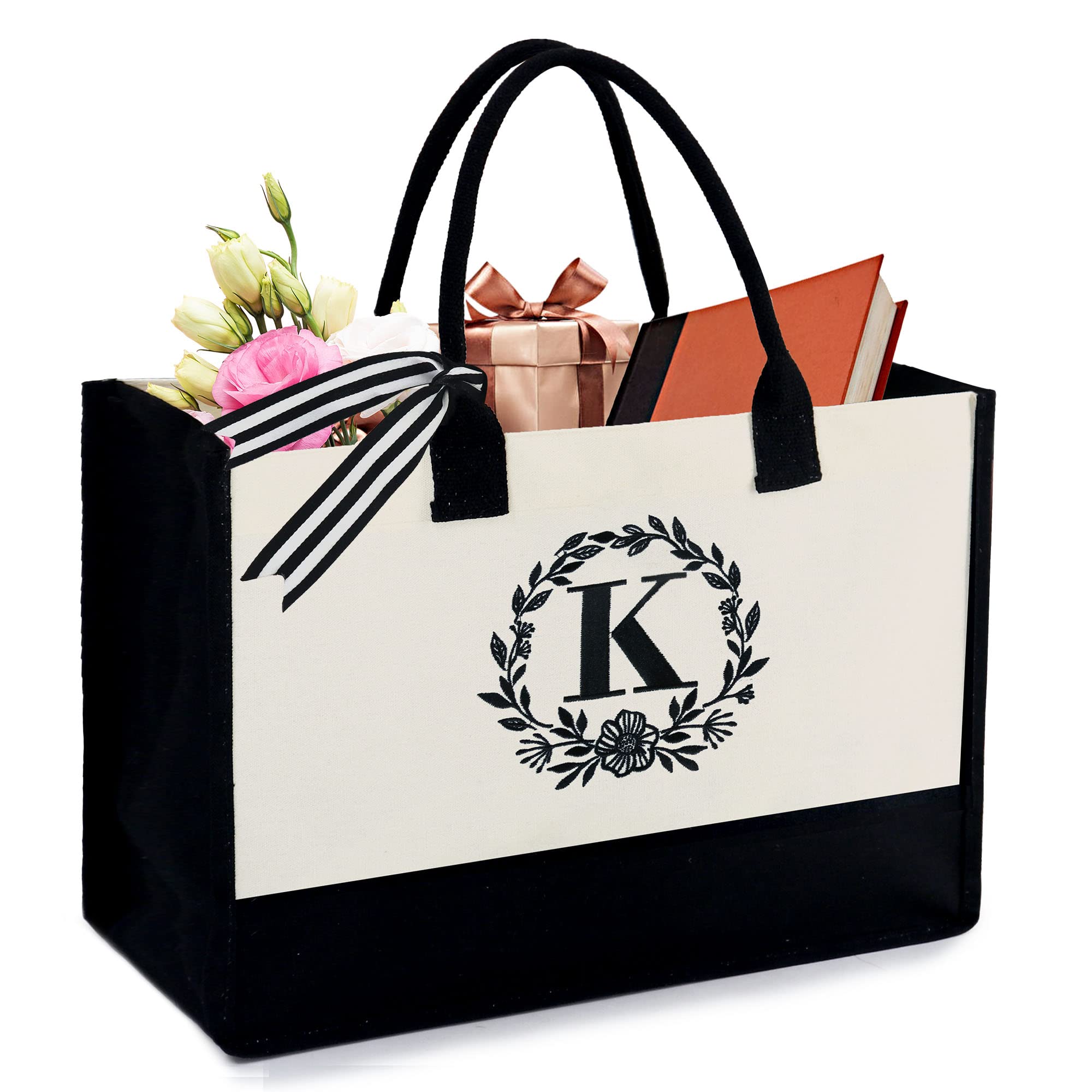 BeeGreen Monogram Tote Bags Personalized Canvas Gift Bag for Women Teacher Mom Friend Bride Female Coworkers Gift large Baskets Empty for Birthday Beach Wedding Work Unique Cute Basket (Letter K)