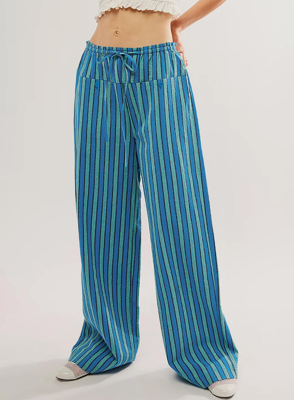 Acelitt Womens Casual Striped Color Block Pants Drawstring Elastic Waist 2026 Fall Fashion Comfy Loose Wide Leg Pants Trousers with Pockets Sky Blue Medium