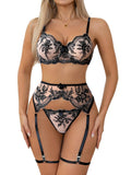 Lilosy Petite Sexy Floral Embroidery Mesh Sheer Underwire Push Up Garter Belt Lingerie Set Women See Through Bra Panty 3 Piece Black 3X-Small