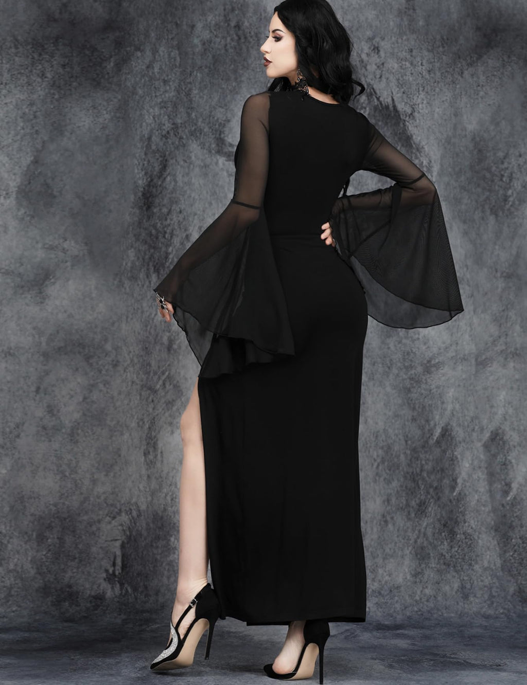 InGoticos Women Gothic Sexy Slit Flare Sleeve Patchwork Party Dress Black