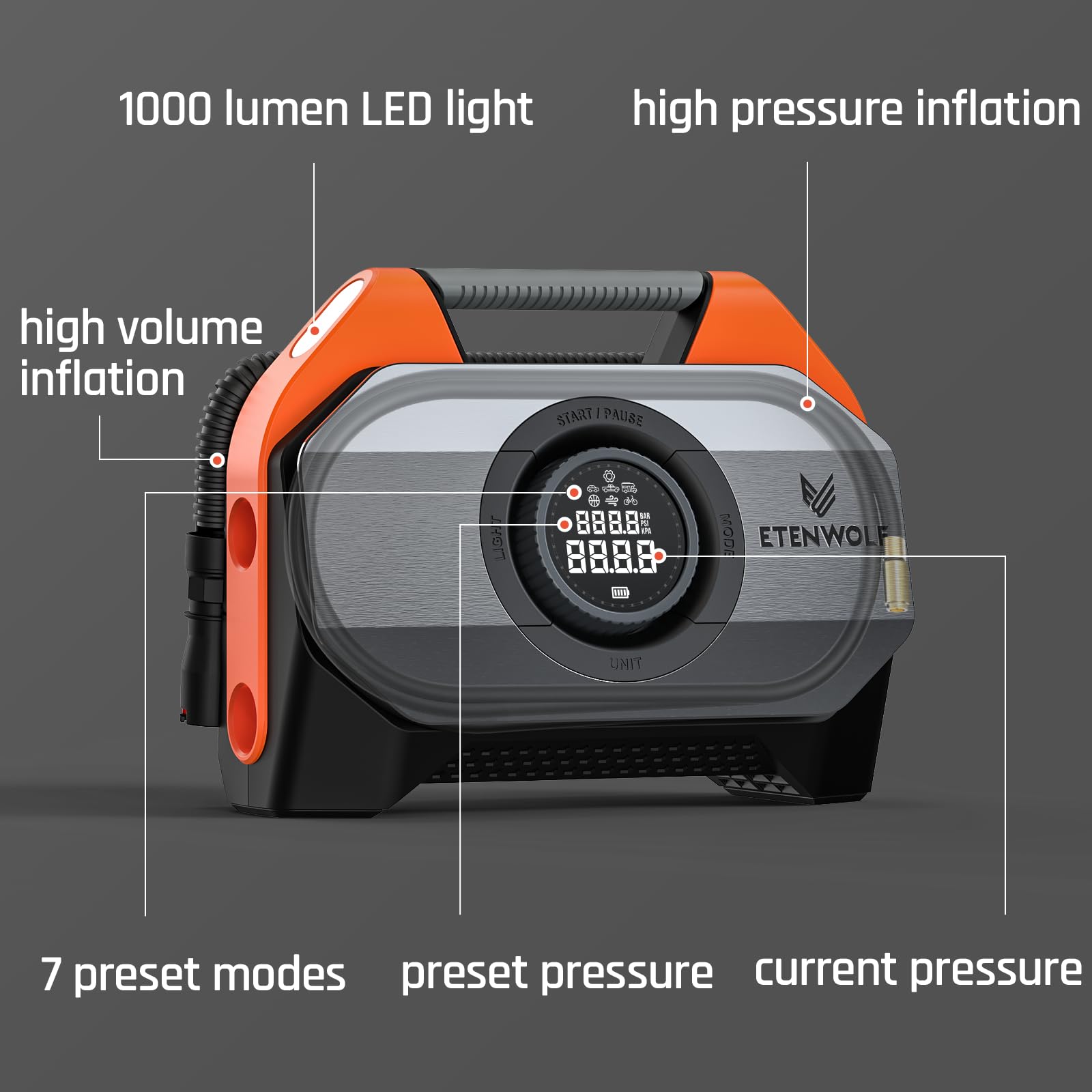 ETENWOLF VORTEX S6 Tire Inflator Portable Air Compressor for Heavy-duty Vehicle, Cordless Air Pump for Car & Inflatables with 19200 mAh Battery, 100% Duty Cycle & Dual Cylinder Bike Pump, Vivid Orange