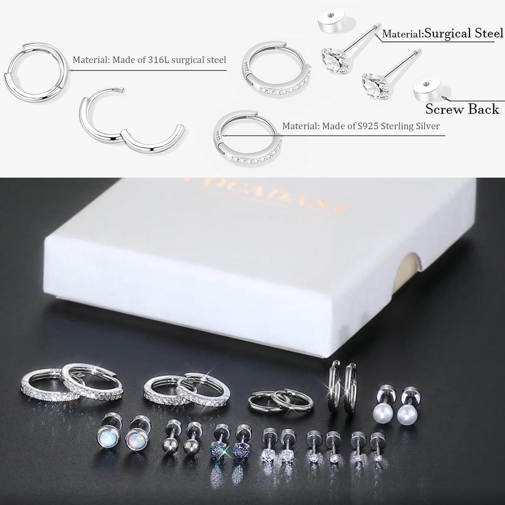 Hypoallergenic Flat Back Earring Sets for Multiple Piercing Sterling Silver Small Huggie Hoop Earrings for Women Surgical Stainless Steel FlatBack Silver Stud Earrings Trendy Cartilage Earring Stacks