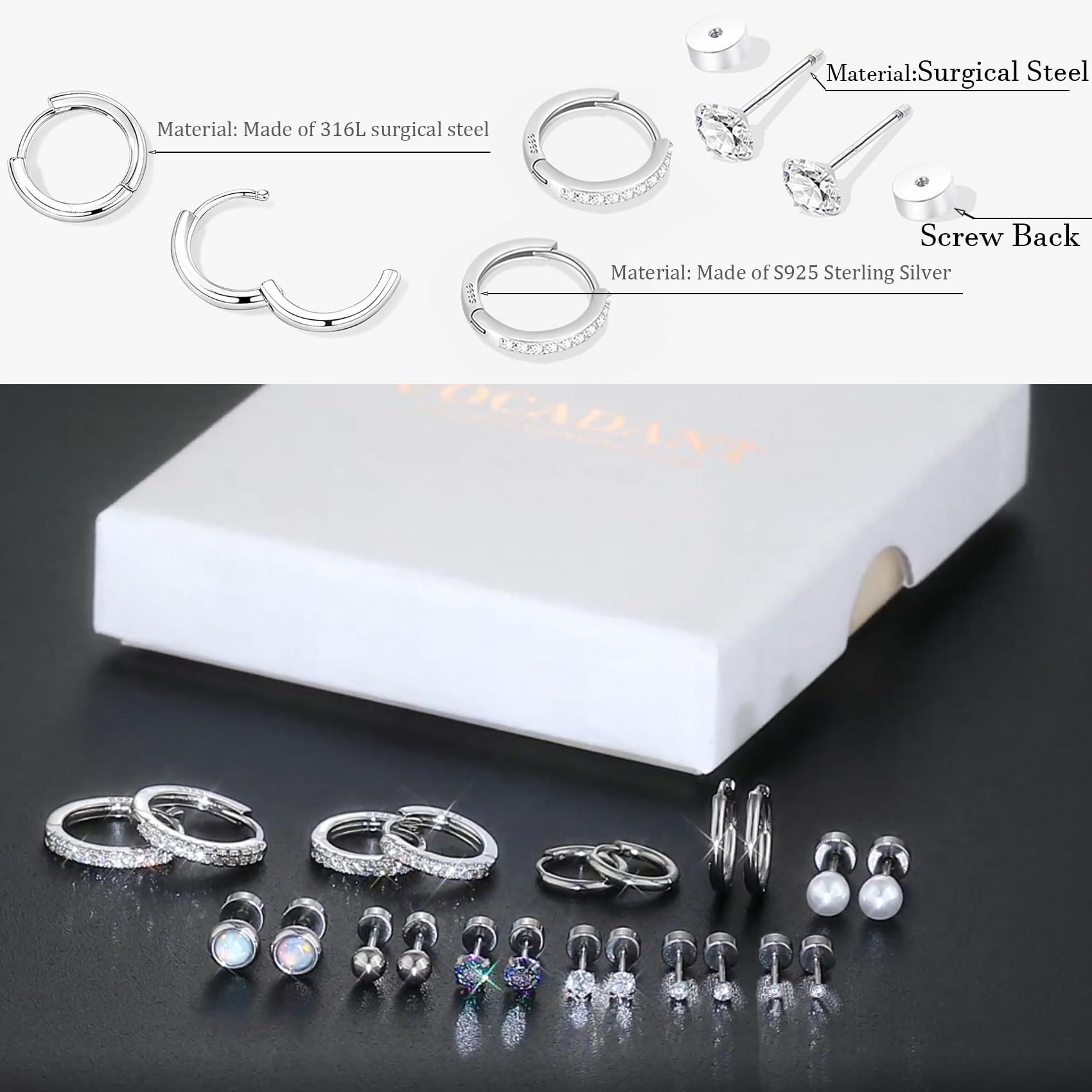 Hypoallergenic Flat Back Earring Sets for Multiple Piercing Sterling Silver Small Huggie Hoop Earrings for Women Surgical Stainless Steel FlatBack Silver Stud Earrings Trendy Cartilage Earring Stacks