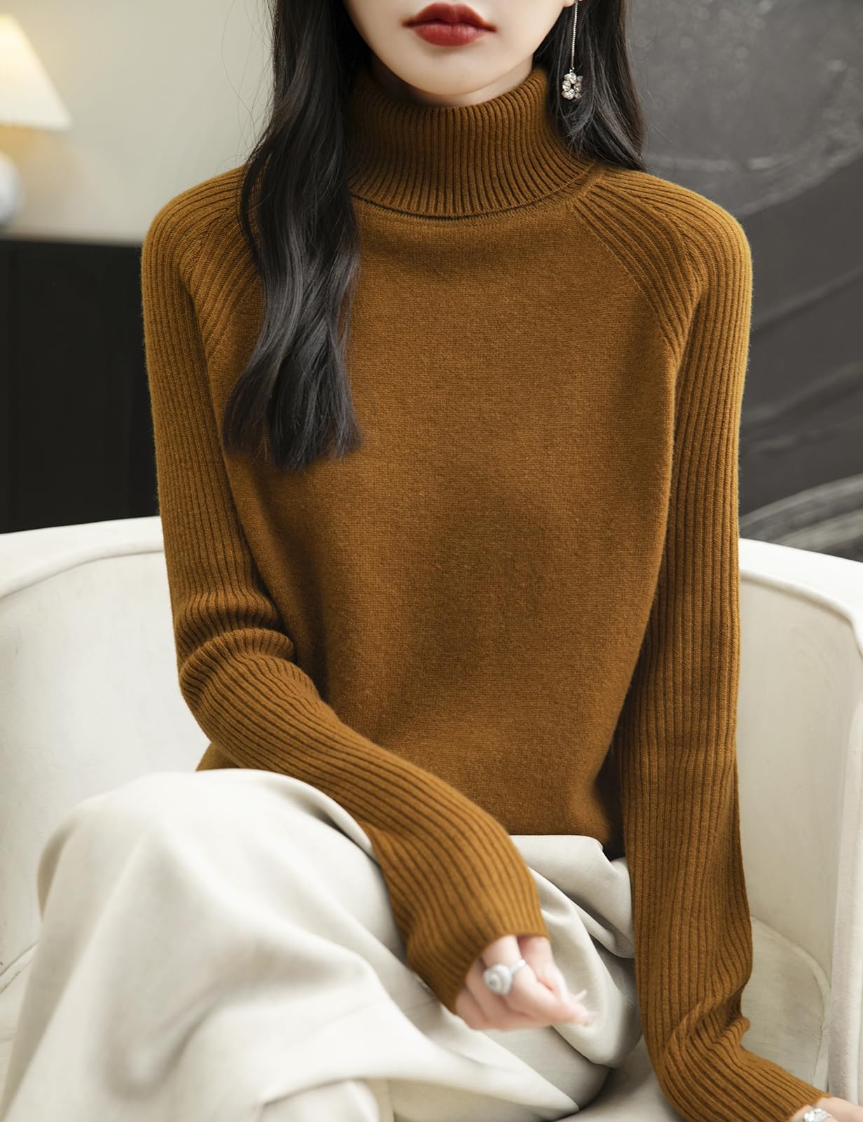 Chanyarn Women's Turtleneck 100% Merino Wool Sweater 2025 Fall Winter Classic Warm Soft Raglan Long Sleeve Knit Sweater (Caramel,S)