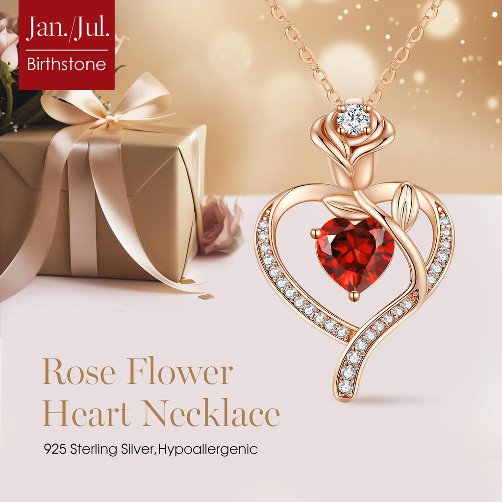 LOUISA SECRET Mothers Day Gifts for Mom Rose Flower Heart Birthstone Necklaces for Women, 925 Sterling Silver Jewelry, Pendant Heart Necklaces Birthday Anniversary Christmas Gift for Women Wife Mom Girlfriend Lady