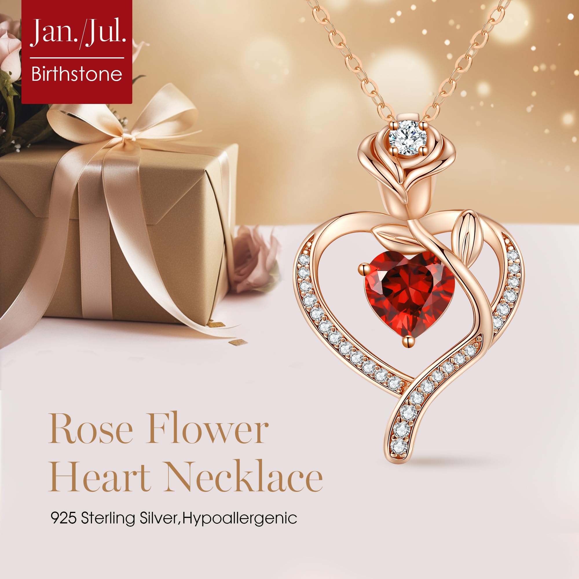 LOUISA SECRET Mothers Day Gifts for Mom Rose Flower Heart Birthstone Necklaces for Women, 925 Sterling Silver Jewelry, Pendant Heart Necklaces Birthday Anniversary Christmas Gift for Women Wife Mom Girlfriend Lady