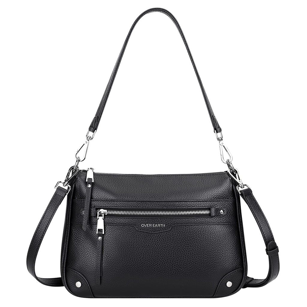 Over Earth Soft Genuine Leather Crossbody Bags for Women Medium Shoulder Purses Hobo Handbags with Multi Pockets(O190E Black)