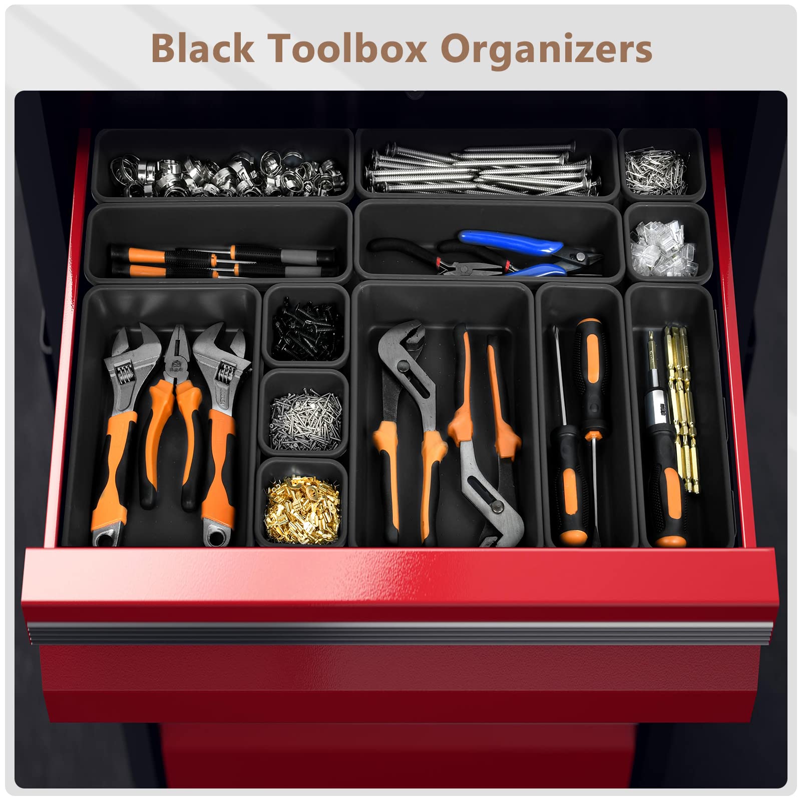 【More Larger Size】A-LUGEI【69 PCS-5 Size】 Tool Box Organizer Tray Divider Set【Black】 Desk Drawer Organizer Bin, Garage Organization and Storage Toolbox for Rolling Tool Chest Cart WorkBench Part Widget
