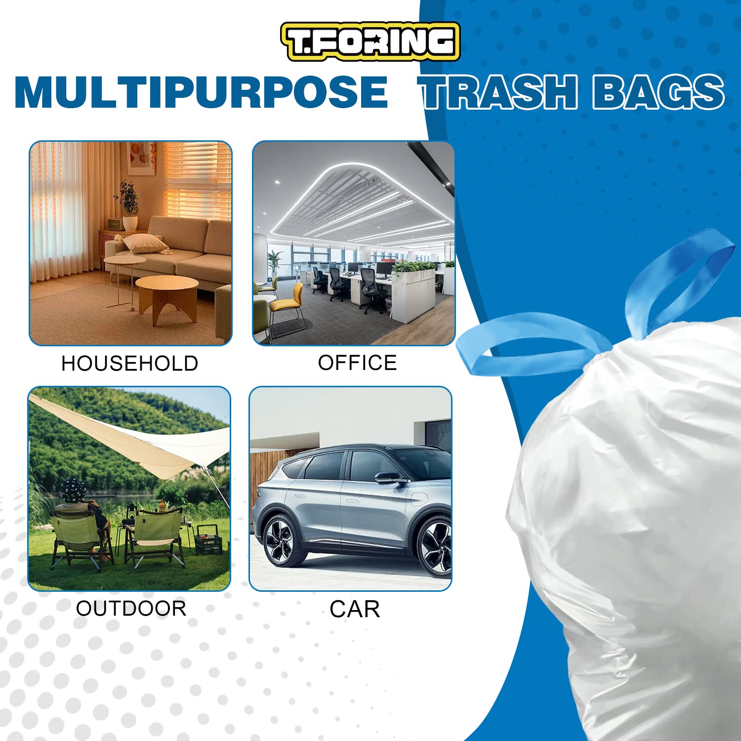 T.FORING Small Trash Bags 4 Gallon with Drawstring, 1.1 Mil 15 Liter White Thick Unscented Small Plastic Garbage Bags for Bathroom, Wastebasket Liners for Toilet Home Office and Bedroom (4 Gal-120)