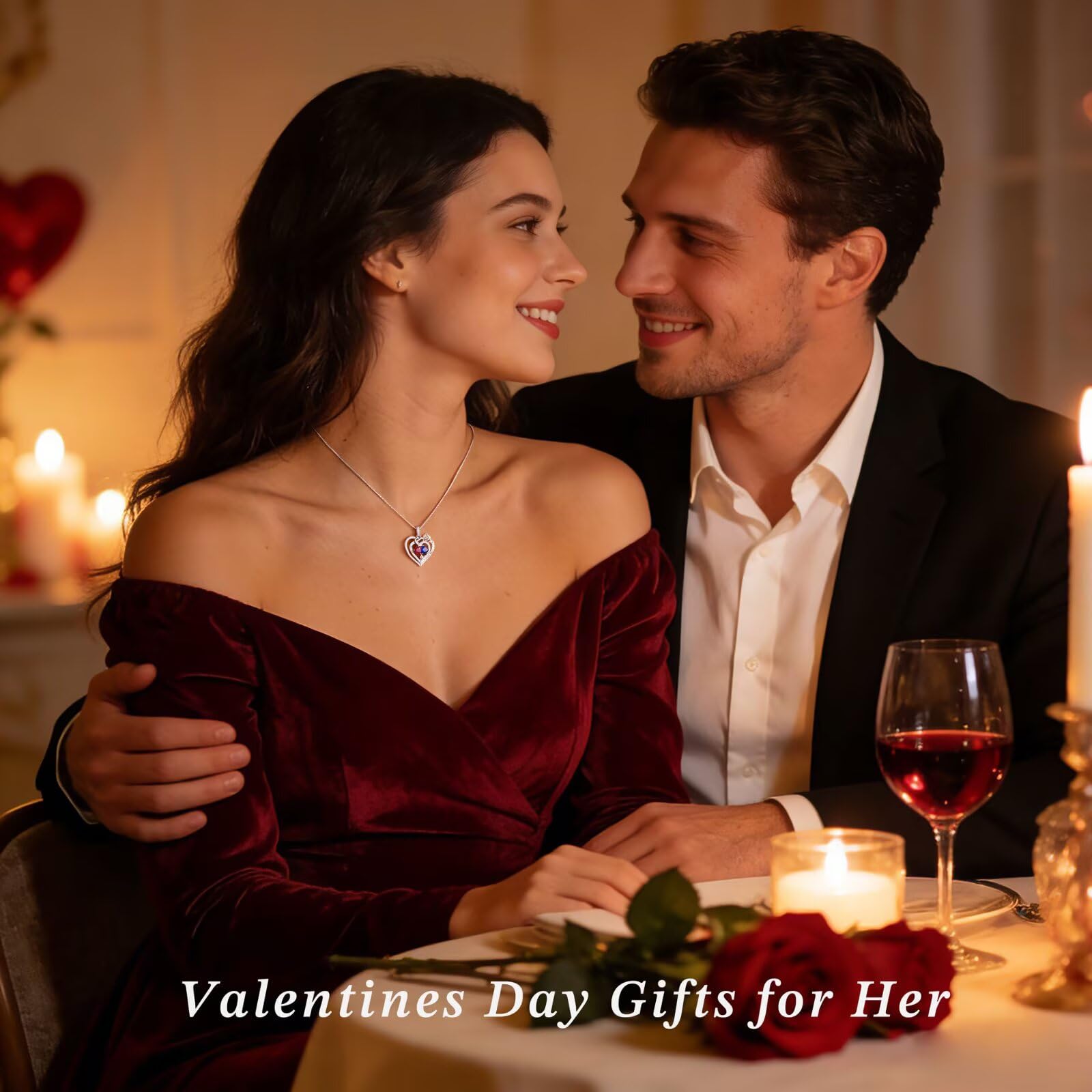 Iefil Gifts for Wife - Anniversary Ideas Gifts for Women Wife Her, Rose Heart Birthstone Necklace | Sapphire Blue Necklace