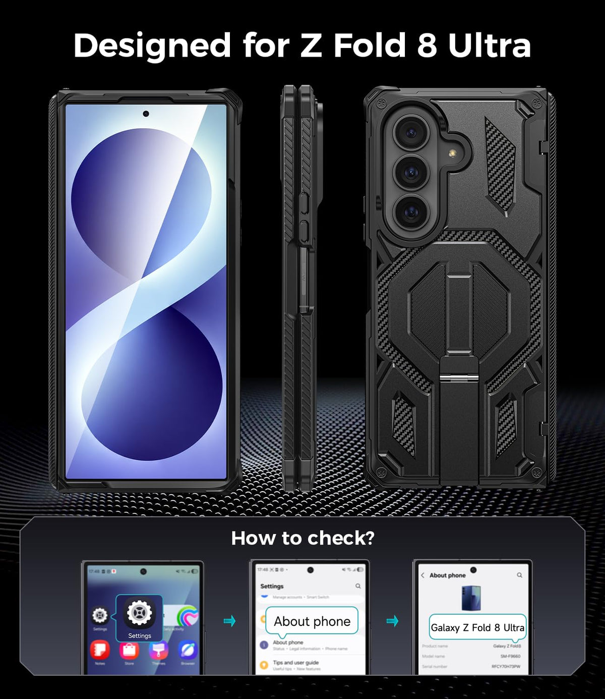 for Samsung Galaxy Z Fold 8 Ultra Case with Invisible Kickstand, Black
