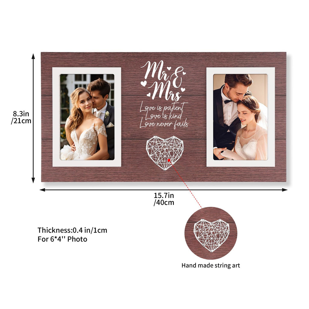 Calibron Personalized Wedding Gifts for Couples, Bridal Shower Gift for Bride, Mr & Mrs Photo Frame Holds 2pcs 4x6 Pictures, Unique Wedding Gifts for Newlyweds(Red Brown)