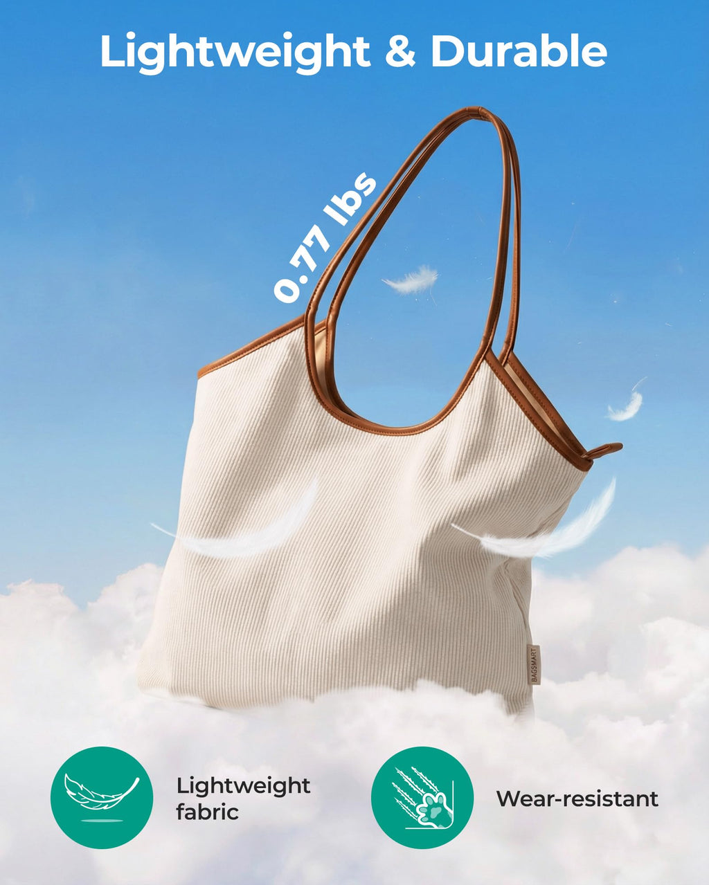 BAGSMRT Corduroy Tote Bag for Women Beach Bag with Zipper Casual Shoulder Bag Lightweight Travel Tote Hobo Handbag Light Beige