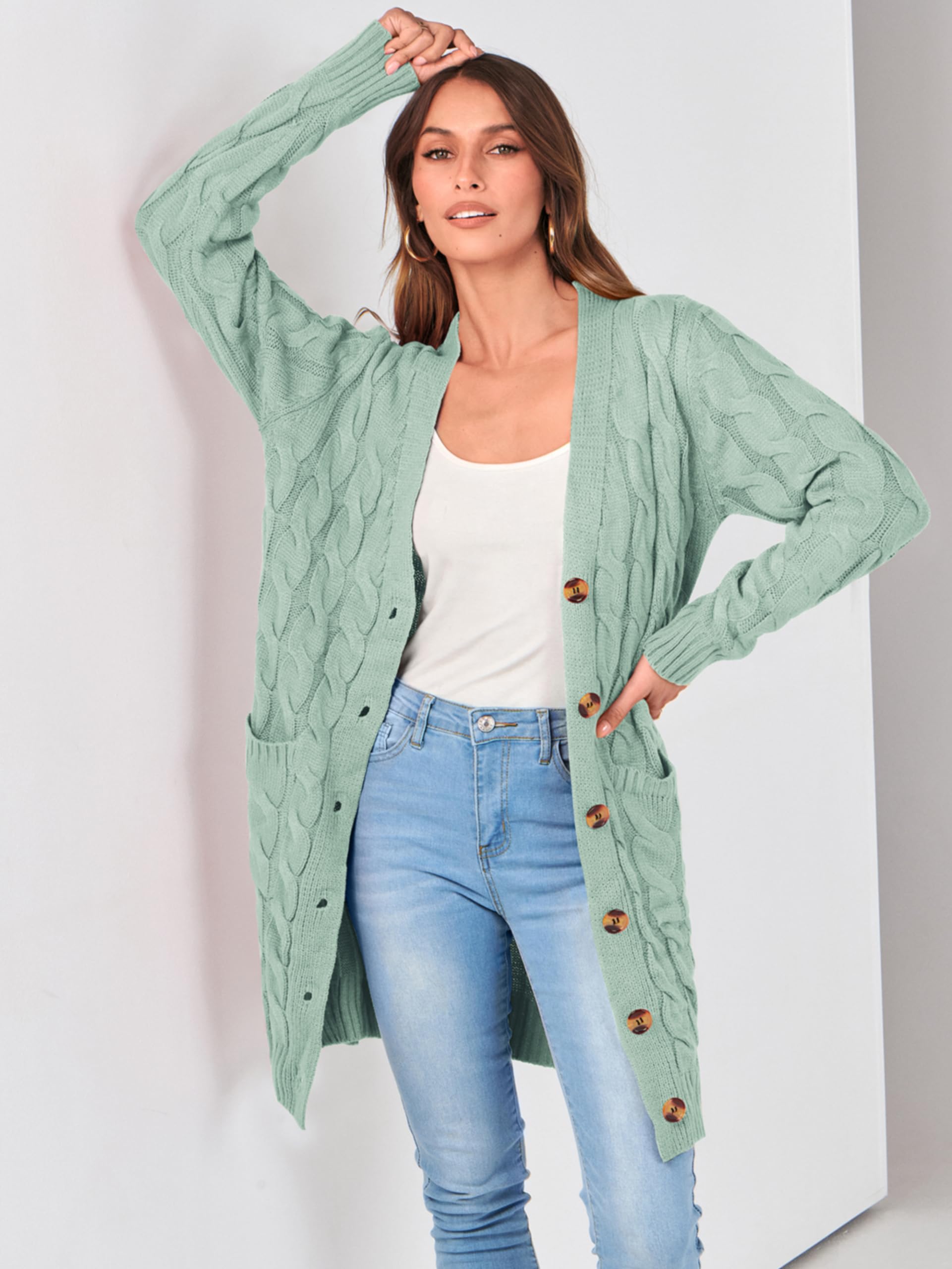 PRETTYGARDEN Long Sleeve Cable Knit Long Cardigan for Women 2026 Spring Winter Chunky Open Front Button Sweaters with Pockets (Bean Green, Small)