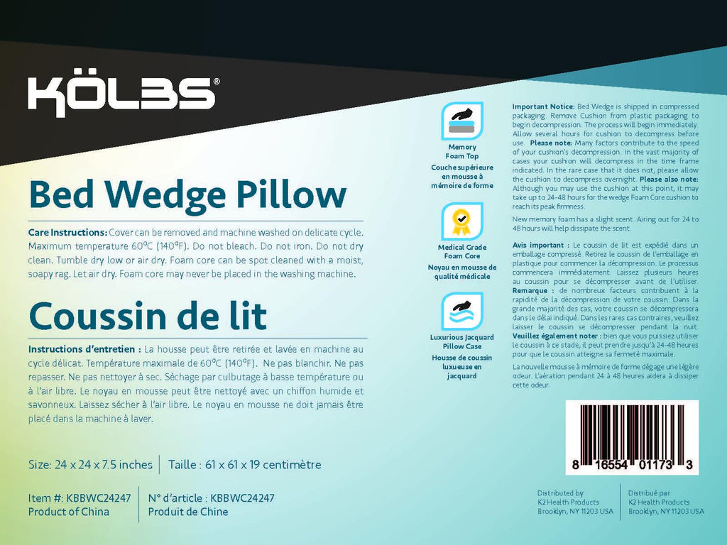 Kolbs Bed Wedge Pillow for Sleep Apnea, FSA Eligible Acid Reflux, and Back Pain Relief, with Chic Jacquard Cover - Headboard Wedges for Sleeping (Standard Width 7.5" Height)