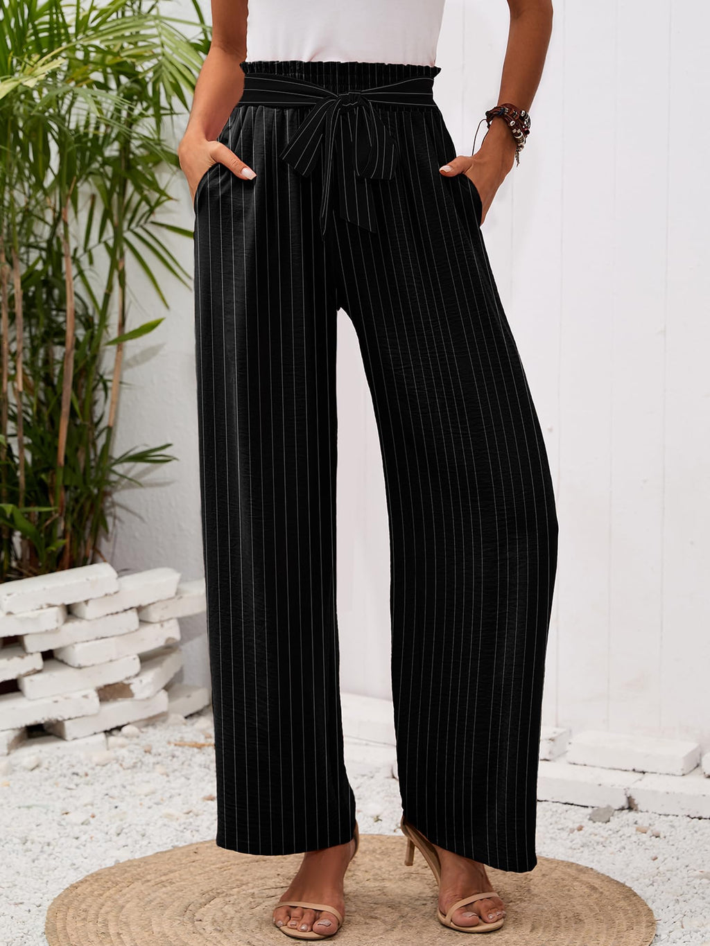 Heymoments Women's Wide Leg Lounge Pants with Pockets B Stripe Small Lightweight High Waisted Adjustable Tie Knot Loose Comfy Casual Trousers