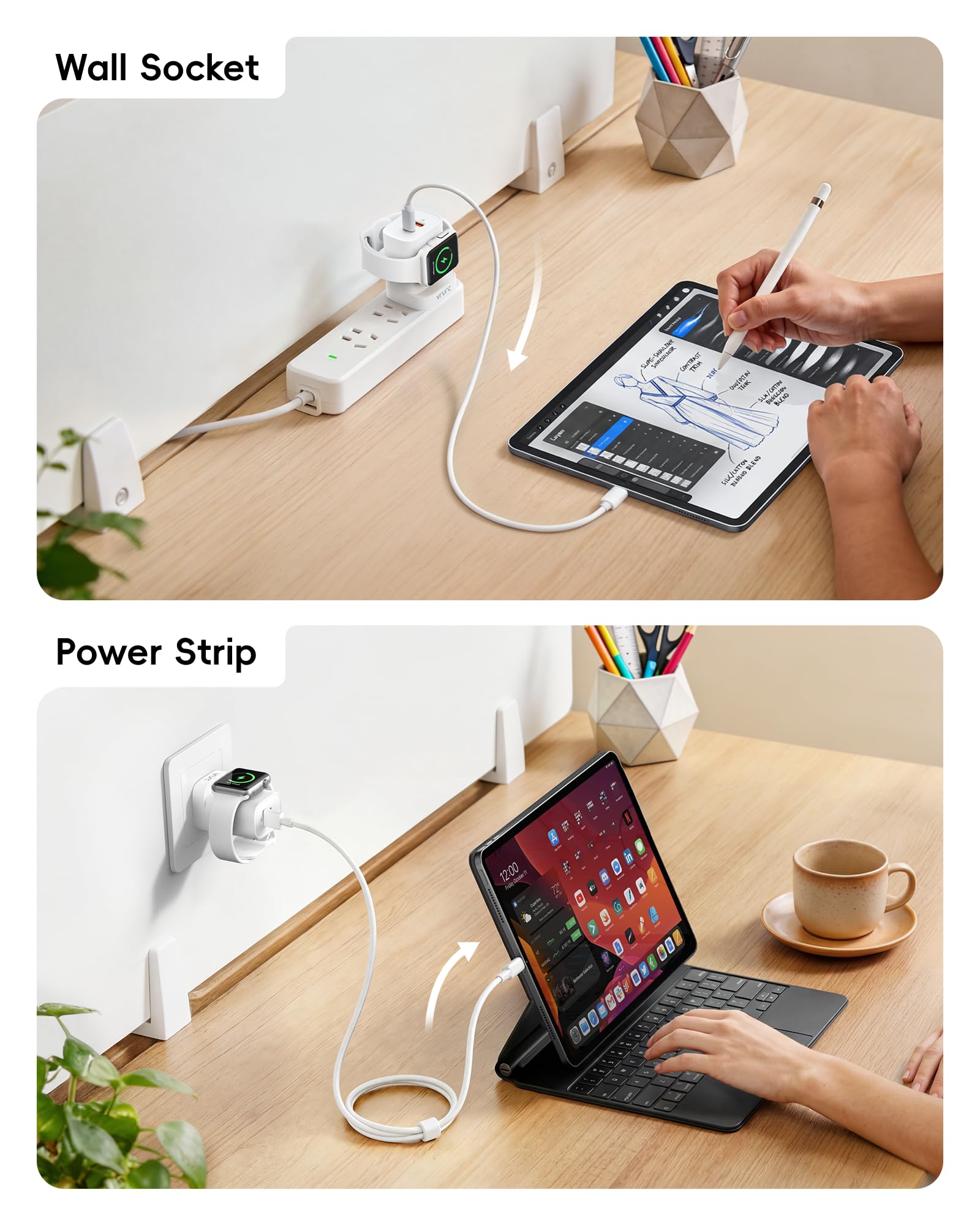 VRURC Fast Charger for Apple Watch, Built-in Wireless Magnetic Charging Station for iWatch SE/11/10/9/8/7/6/5/4, PD 20W USB C Charging Block, Foldable Wall Charger for iPhone 17/16/15/14/13-White