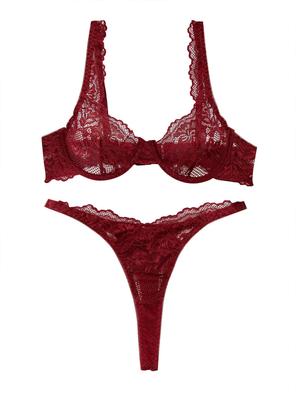 Lilosy Petite Sexy Floral Lace Scallop Underwire Push Up Sheer Lingerie Set Outfits Women See Through Match Thong Bra and Panty 2 Piece Burgundy Red #2 XXX-Small