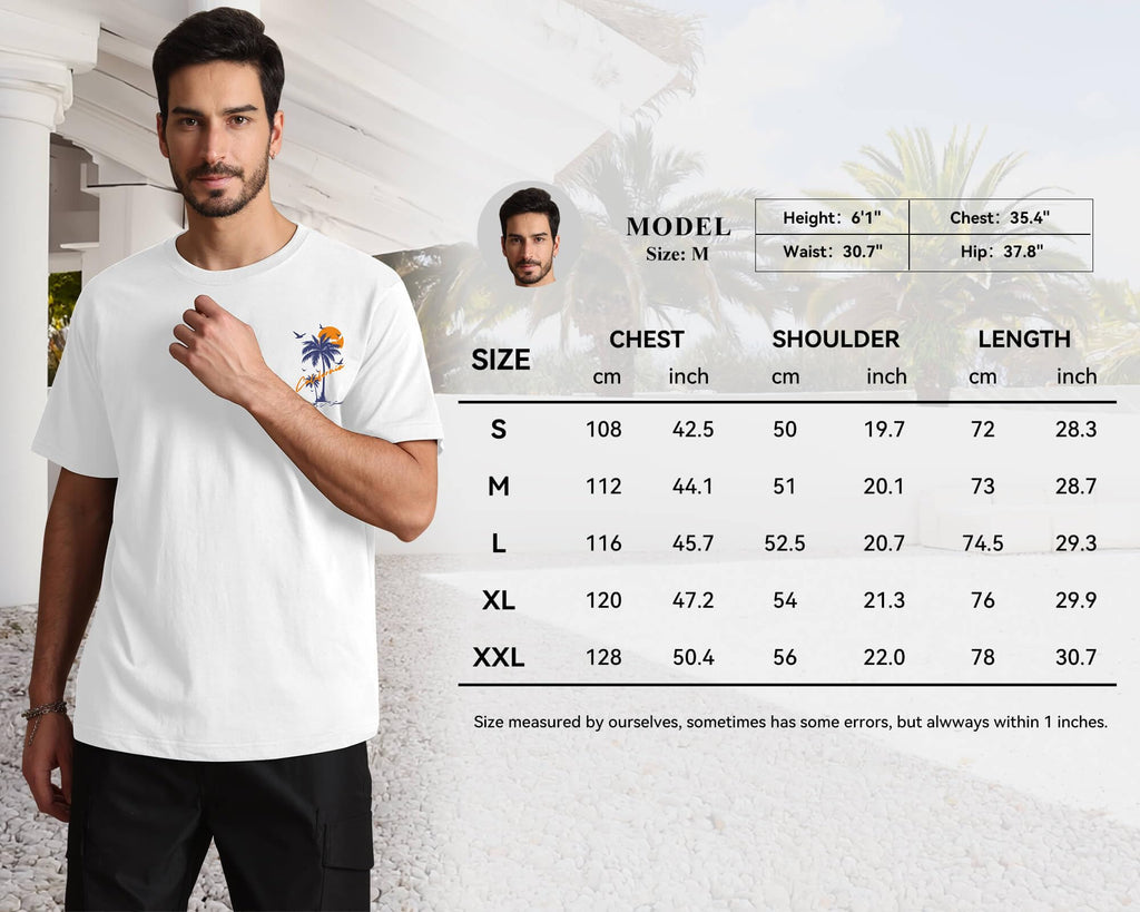 Mens Graphic T-Shirts Short Sleeve WEST Coast Palm Tree Print Summer Top 100% Cotton Casual California Tees for Men White