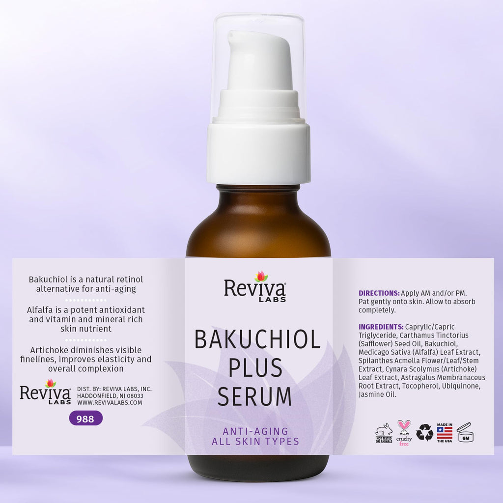 Reviva Labs Bakuchiol Serum – Natural Retinol Alternative Serum for Face with Alfalfa & Artichoke Extract – Hydrating Vegan Formula for Smoother, Firmer, Radiant-Looking Skin – 1 Fl Oz