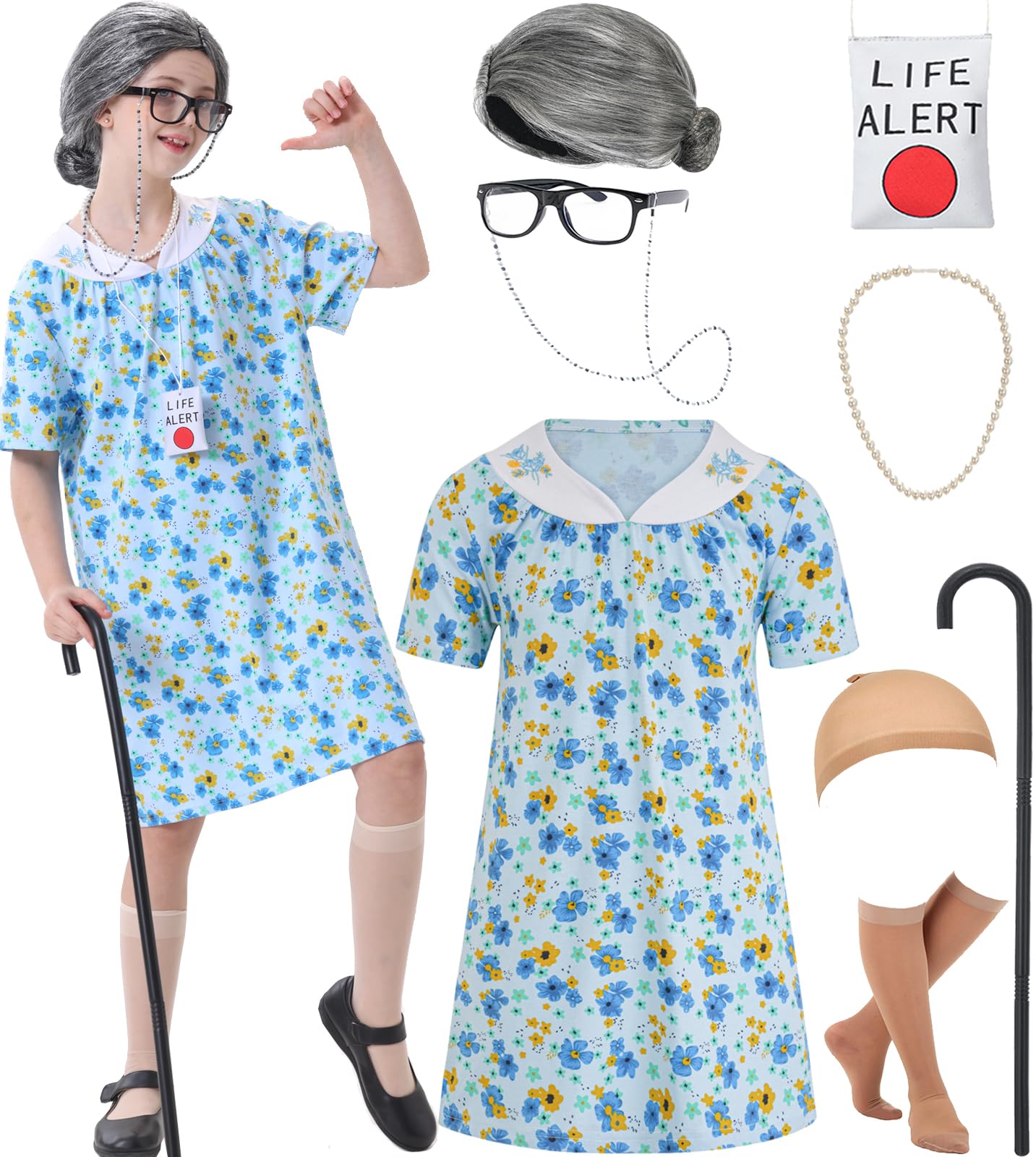 qnprt 100 Days of School Costume 100th Old Lady Costume for Kids Girls Grandma Dress Up,6