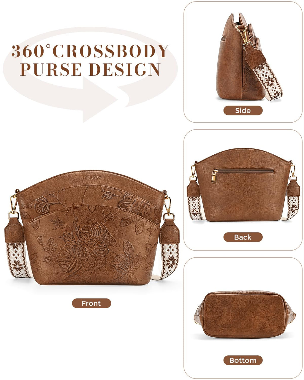 FORUWISH Crossbody Bags For Women, Vegan Leather Crossbody Purses with Boho Strap, Daily Travel Brown Shoulder Handbag
