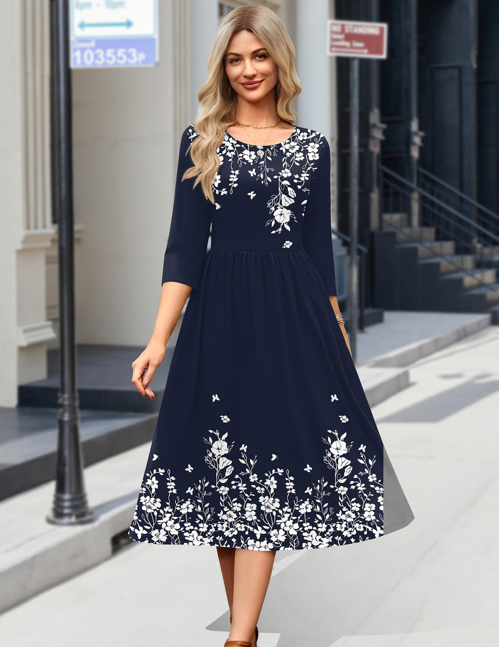 Zeagoo Casual Midi Dresses for Women 3/4 Length Sleeve Elegant Party Dress Aline Casual Floal Loose Dresses Flowy Swing Empire Waist Dress Navy Blue Floral