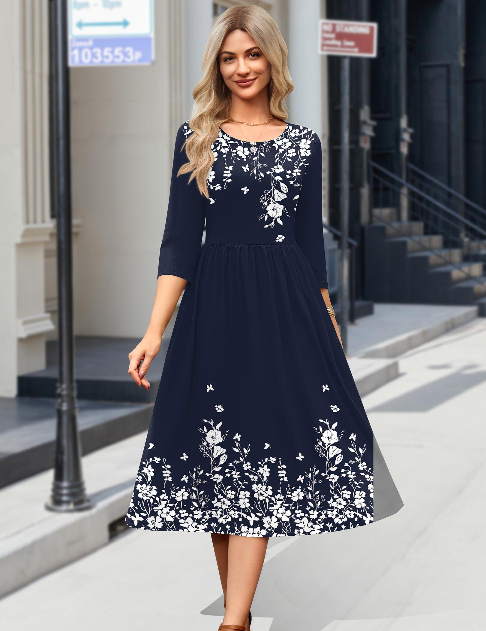 Zeagoo Casual Midi Dresses for Women 3/4 Length Sleeve Elegant Party Dress Aline Casual Floal Loose Dresses Flowy Swing Empire Waist Dress Navy Blue Floral