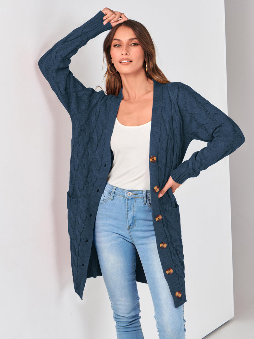 PRETTYGARDEN Long Sleeve Cable Knit Long Cardigan for Women 2026 Spring Winter Chunky Open Front Button Sweaters with Pockets (Blue, Small)