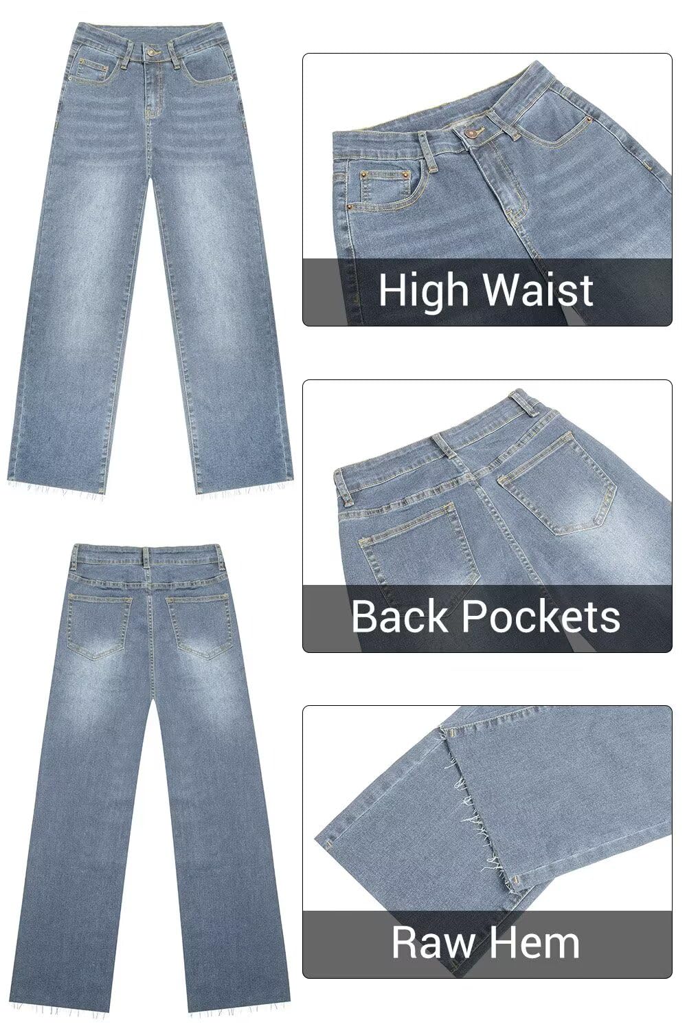KDF Straight Leg Jeans for Women High Waisted Frayed Baggy Pants, Raw Hem, Loose, Stretchy Cropped Wide Leg, Light Blue, Size 8