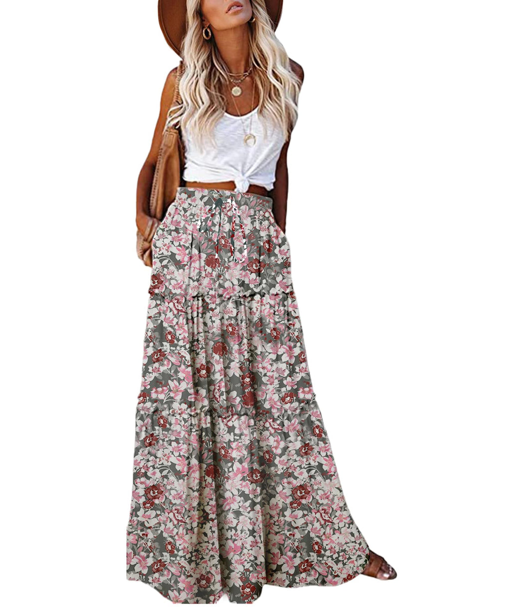 EARKOHA Trendy Lightweight Drawstring Tiered Ruffles Paisley Hippie Plus Size Bohemian Long Maxi Skirt with Deep Pockets for Office Music Festival Travel Picnic Dating Fall Outfits White Floral M