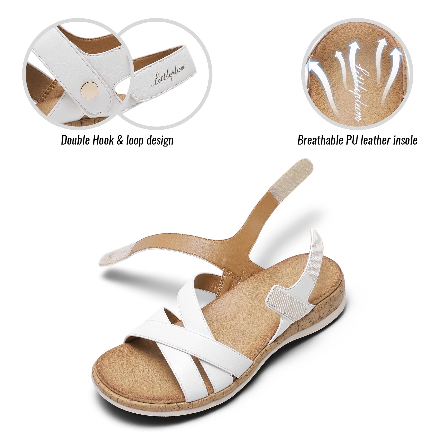Littleplum Orthopedic Sandals for Women Arch Support - Comfortable Flat Sandals, Dressy Orthotic Summer Walking Shoes with Adjustable Strap for Work Walking Beach, White Size 8