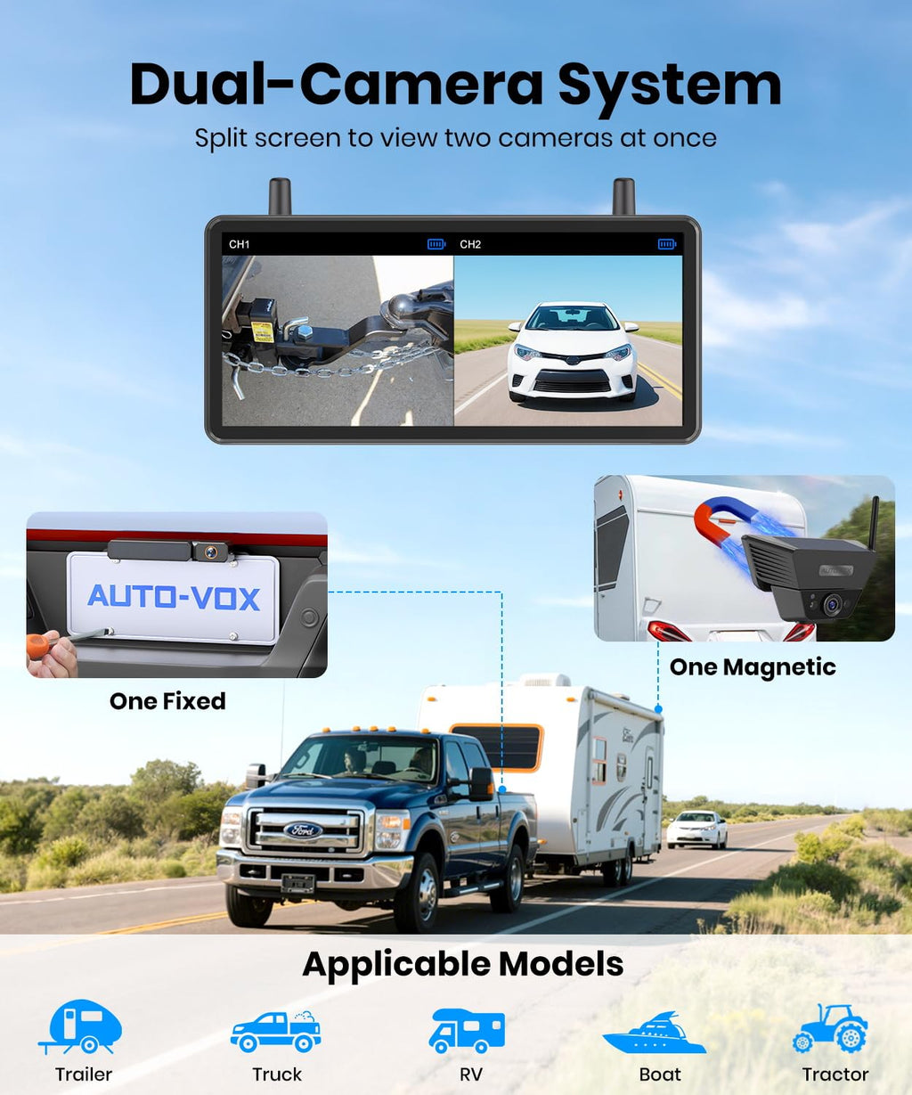 AUTO-VOX 2 Solar Wireless Backup Camera System: 7.2” 1080P HD Monitor, 3-Min Quick Installation for Wider Rear & Trailer View, IP69K Waterproof Back Up Camera for Truck, RV, Camper, Horse/Boat Trailer