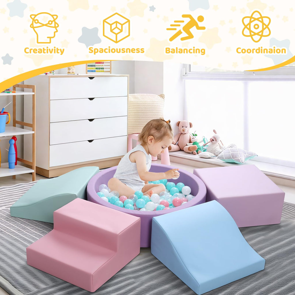 Hoohtoot Foam Climbing Blocks for Toddler: with 4-Piece PU Leather Climbing Toys and a Ball Pit - Foam Ball Pit for Toddlers - Climbing Toys Indoor for Kids Crawling (Purple Climbing Blocks)