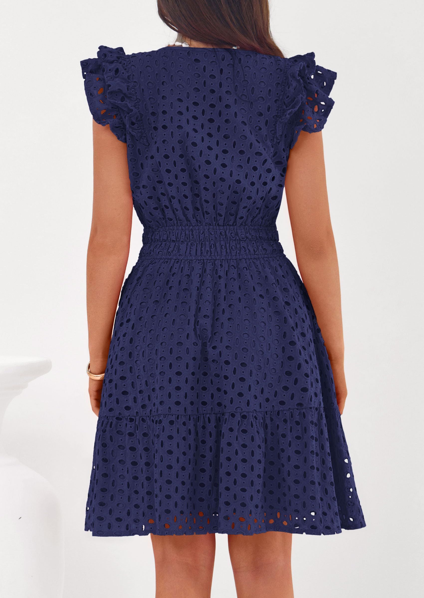 PRETTYGARDEN Women's 2026 Summer Sundresses Eyelet Cap Sleeve V Neck Short Boho Wedding Guest Dress Beach Vacation Clothes (Navy Blue,Large)