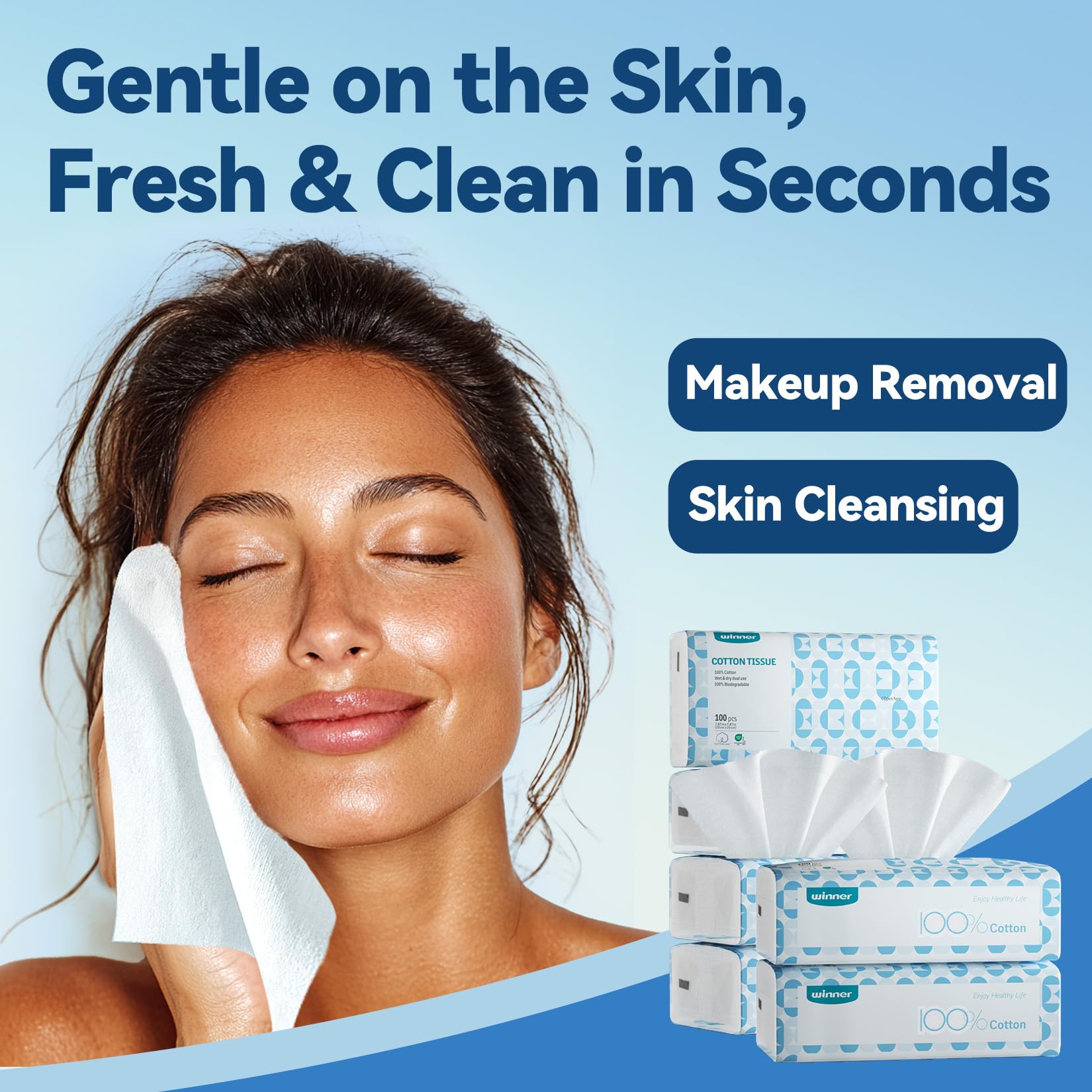 Winner Soft Face Towels, 100% USDA Biobased Facial Towels, Unscented Cotton Tissues for Sensitive Skin, OEKO-TEX Certified Face Towelettes Disposable, Makeup Remover Dry Wipes, 600 Count, Pack of 6