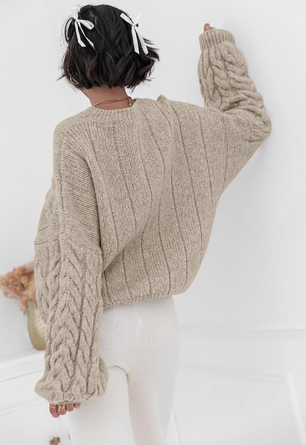 PRETTYGARDEN Womens Sweaters Fall 2026 Cable Knit Long Sleeve Crewneck Oversized Sweater Chunky Pullover Loose Outfits (Khaki, Small)