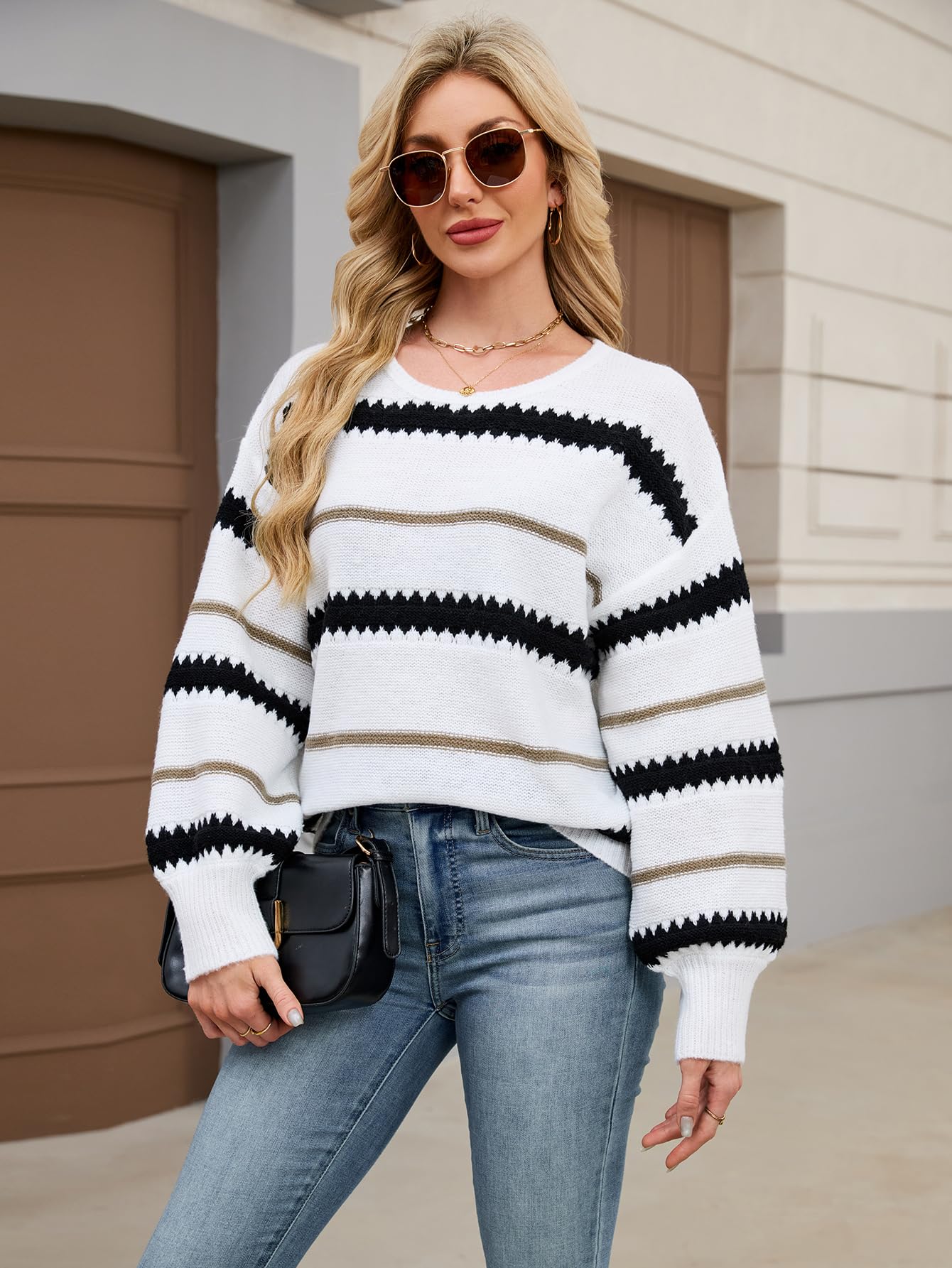 Libsorge Womens Oversized Cute Striped Sweater Fall Winter 2025 Dressy Casual Chunky Knit Crewneck Color Block Long Sleeve Pullover Tops White L