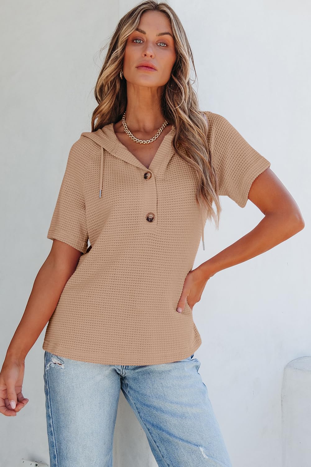 Dokotoo Summer Sweaters for Women Lightweight Waffle Knit Short Sleeve Shirt Button V Neck Oversized Casual Elegant Ladies Tops and Blouses Soft Pullover Sweatshirt Vacation Outfits Apricot Large