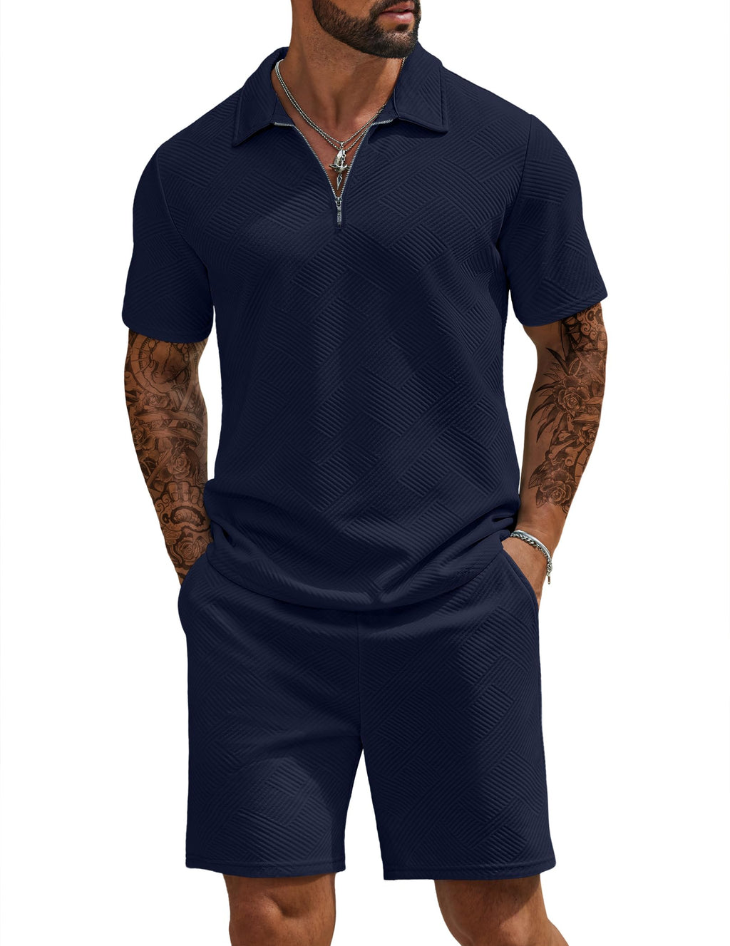 COOFANDY Mens Tracksuit Casual 2 Piece Quarter Zip Polo Shirt and Shorts Set Athletic Jogging Sports Dark Blue