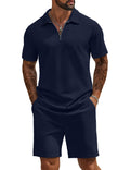 COOFANDY Mens Tracksuit Casual 2 Piece Quarter Zip Polo Shirt and Shorts Set Athletic Jogging Sports Dark Blue