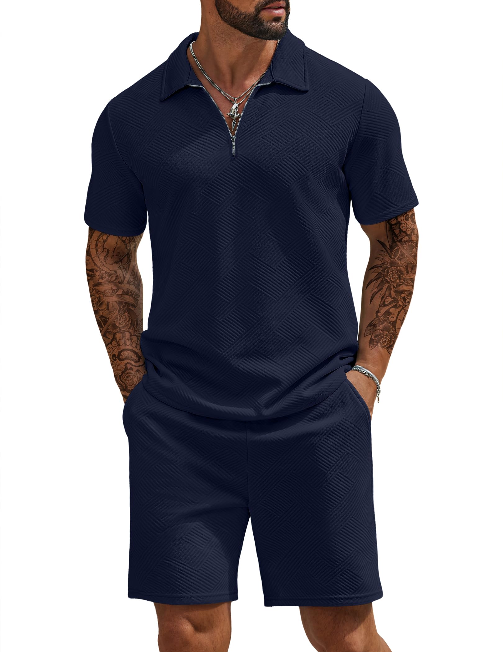 COOFANDY Mens Tracksuit Casual 2 Piece Quarter Zip Polo Shirt and Shorts Set Athletic Jogging Sports Dark Blue