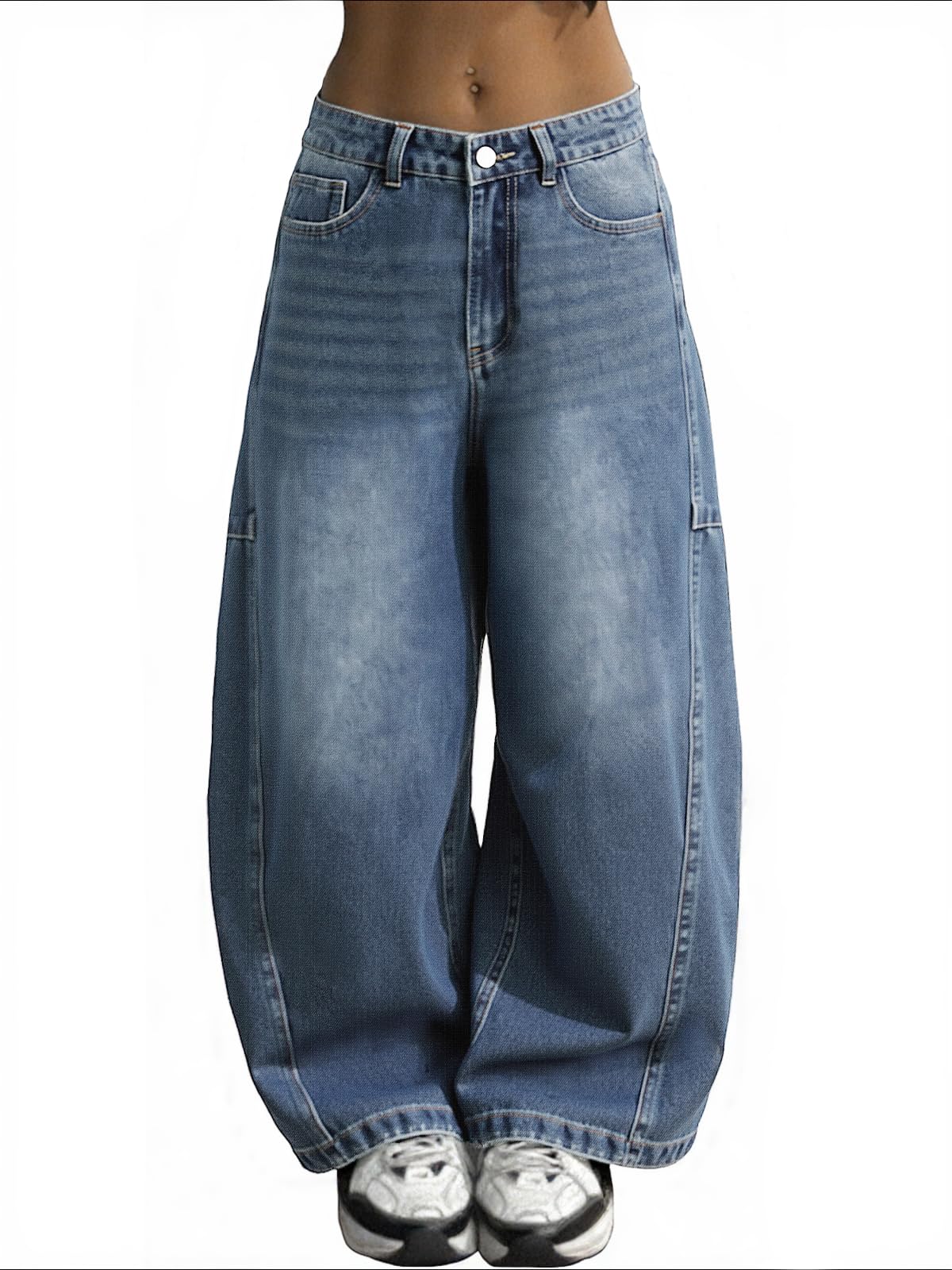 EMMIOL Barrel Jeans for Women Mid-Low Waisted Wide Leg Baggy Cropped Relax Fit Stretch Denim Trouser Pants