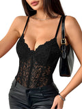 Lilosy Petite Sexy Corset Top Floral Lace Mesh Sheer Lingerie Bodysuit Bustier Cami Outfits See Through Concert Going Out One Piece Women Black 2X-Small