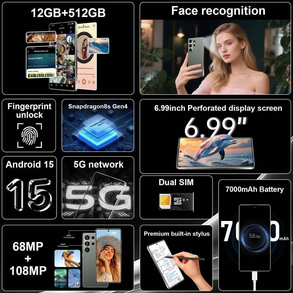 QFJ 26 Ultra 12+512GB Smartphone - 7000mAh Battery, 6.99-inch Display, Built-in Pen,Android 15,68MP+108MP Dual Camera/Dual SIM/Fingerprint Lock/Face(Green)