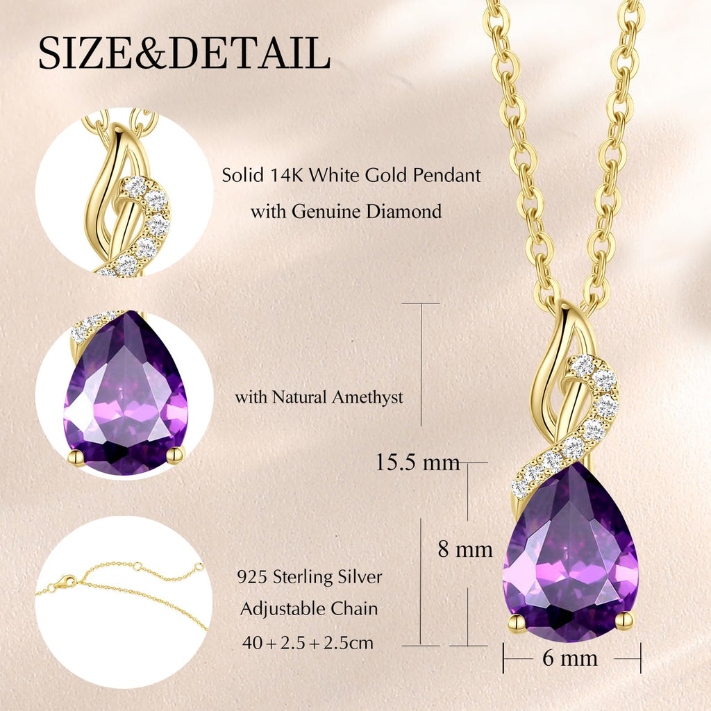 FANCIME Amethyst Necklace 14K Solid Yellow Gold Teardrop Pendant with Diamond February Birthstone Necklace Gifts Jewelry for Mom Women