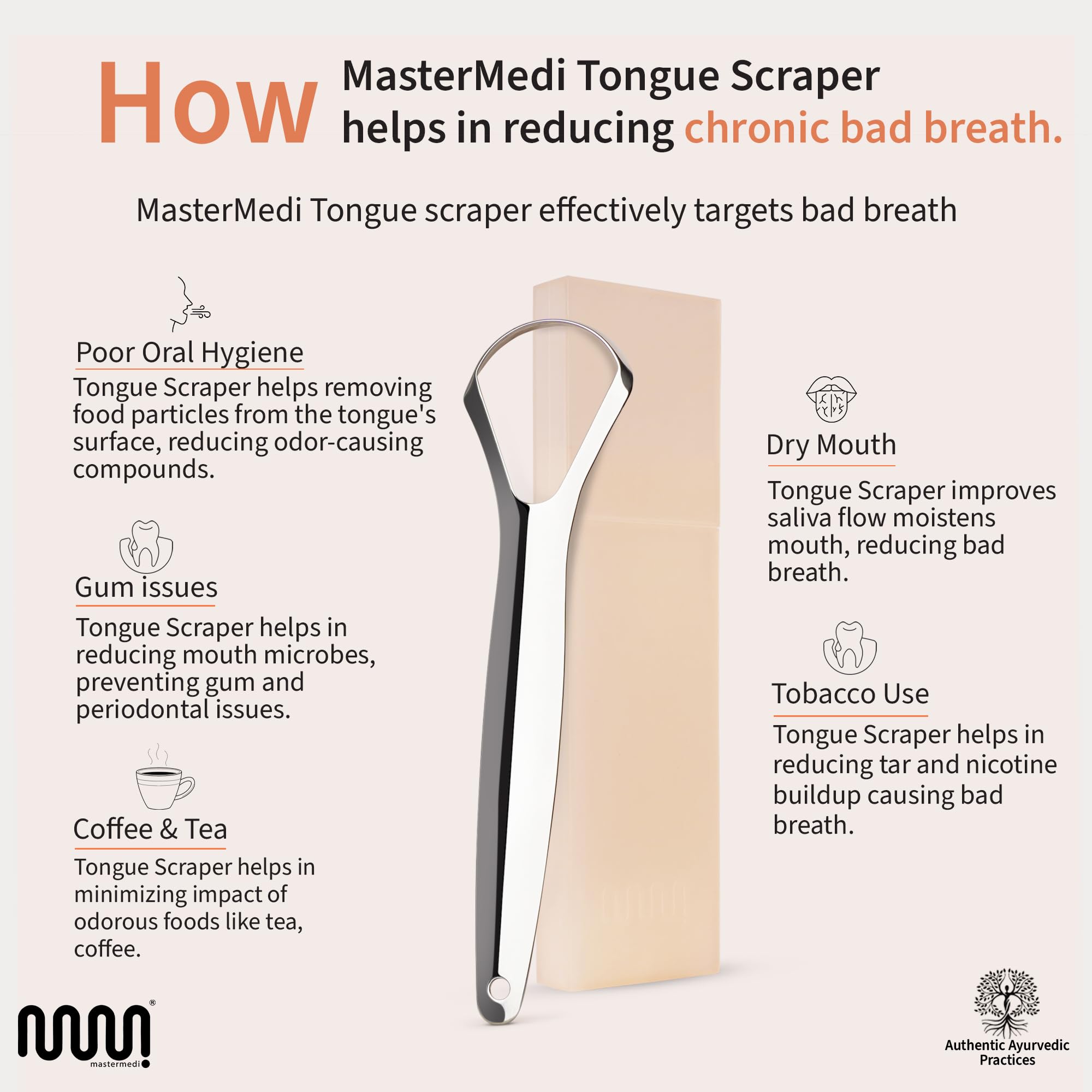 MasterMedi Tongue Scraper for Adults, 100% Stainless Steel Tongue Scrubber for Bad Breath, Easy to Use, Tongue Cleaner for Oral Care & Hygiene (SPTC-1|with Case)